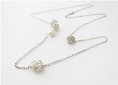 Asymetrical Chain in Sterling Silver with Cultured Pearl and Round Wire Cage Balls - Long Necklace