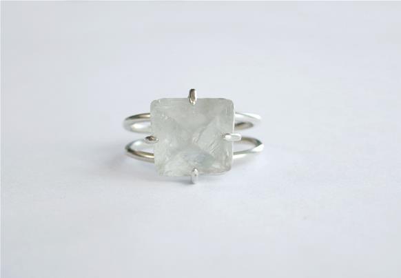 Wire ring with fluorite octahedron clear raw crystal